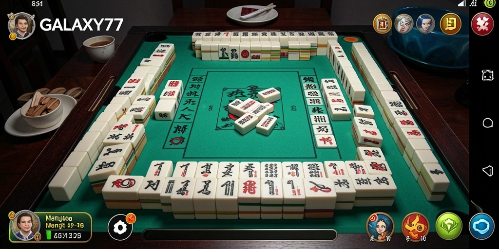 Screenshot GALAXY77 menunjukkan gameplay Mahjong yang menarik.