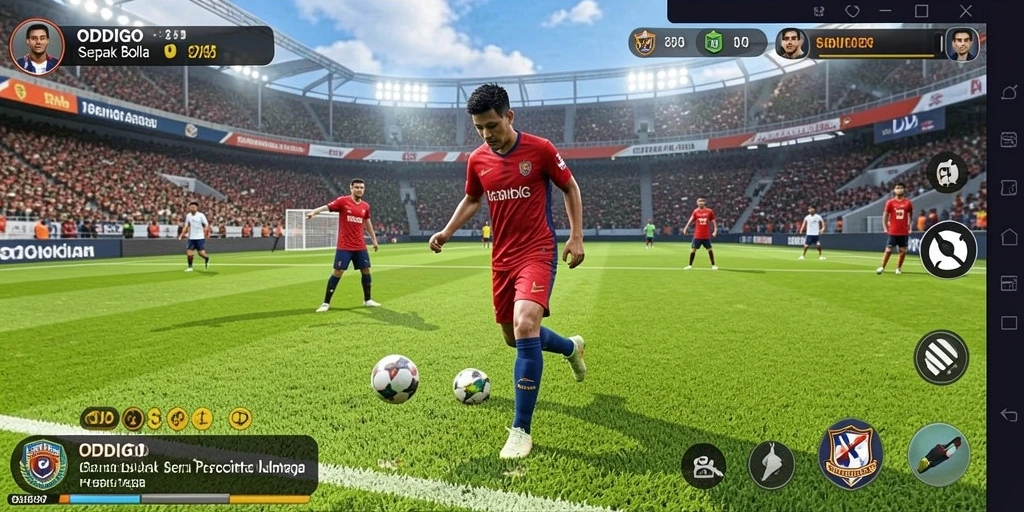 Screenshot gameplay ODDIGO menampilkan aksi seru di lapangan sepak bola.